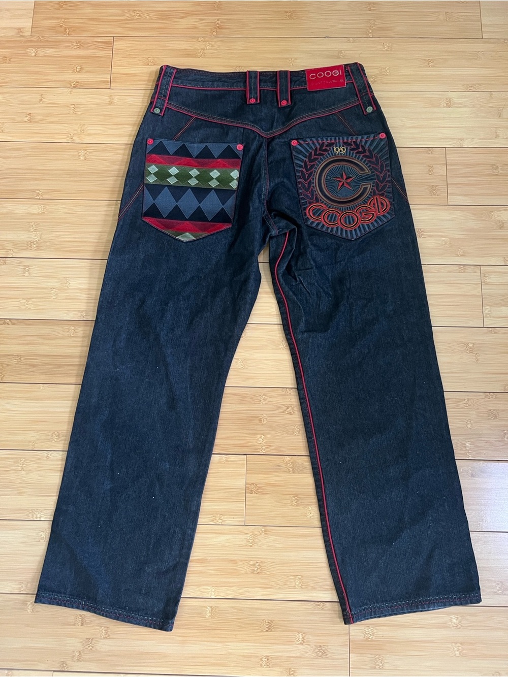 COOGI Men's Dark Blue Straight Jeans with Red Accent and Multicolor Pocket 36x34